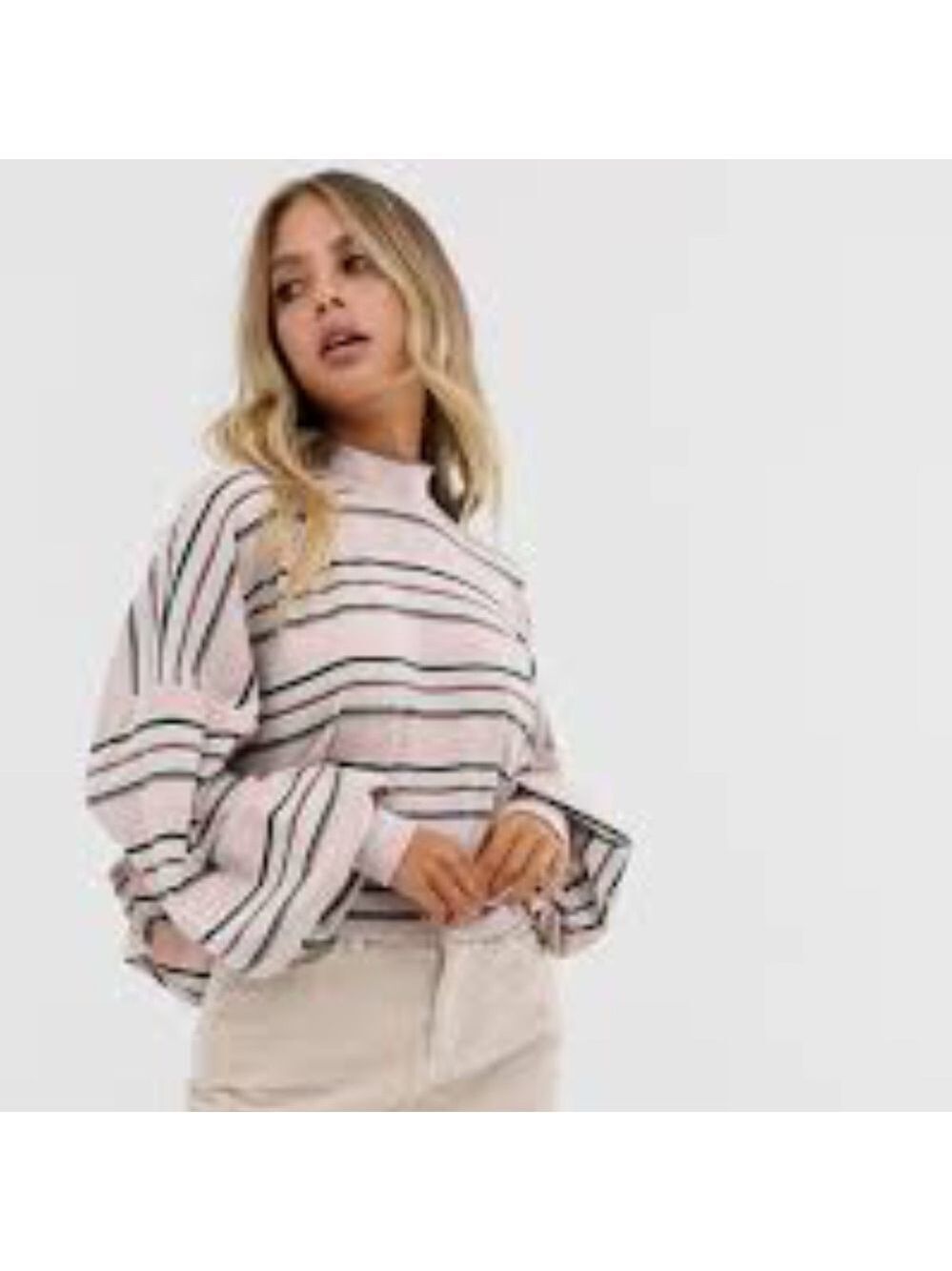 Free People Steph Striped Mock Neck Balloon Sleeve